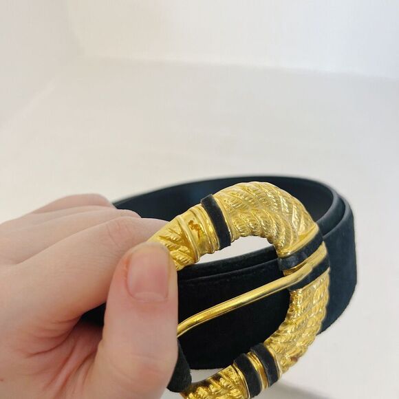 Magid Black Suede Belt Gold Statement Buckle Vintage 90s y2k Women's Size L - Picture 5 of 6